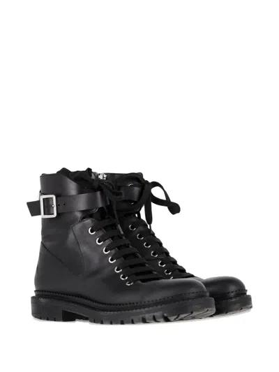 Pre-owned Hugo Boss Buckled Lace-up Combat Boots In Black