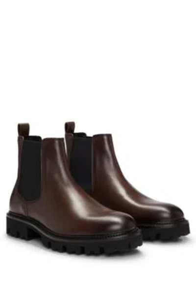 Hugo Boss Burnished-leather Chelsea Boots With Logo Detail In Dark Brown