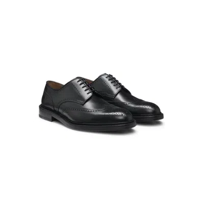 Hugo Boss Burnished-leather Derby Shoes With Brogue Details In Black
