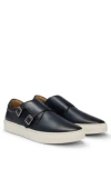 Hugo Boss Burnished-leather Trainers With Double Monk Strap In Dark Blue