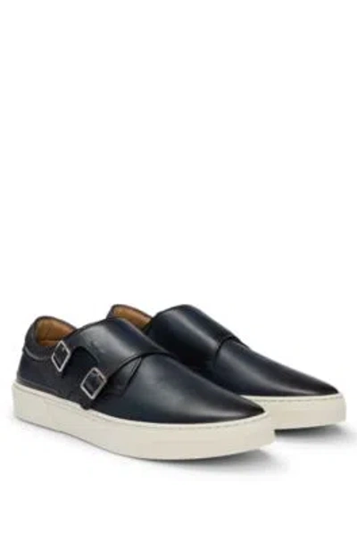 Hugo Boss Burnished-leather Trainers With Double Monk Strap In Dark Blue