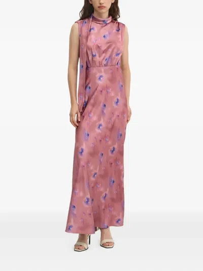 Hugo Boss Butterfly-print Satin Maxi Dress In Pink