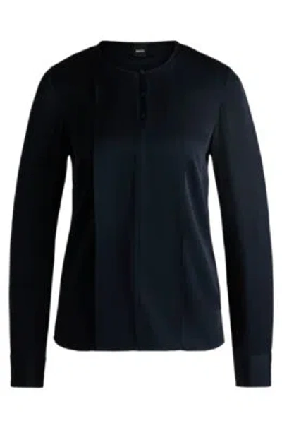 Hugo Boss Button-neck Blouse In Stretch-silk Crepe De Chine In Dark Blue