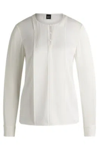 Hugo Boss Button-neck Blouse In Stretch-silk Crepe De Chine In White