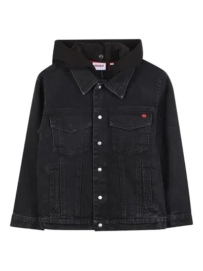 Hugo Boss Kids' Button-up Hooded Jacket In Black