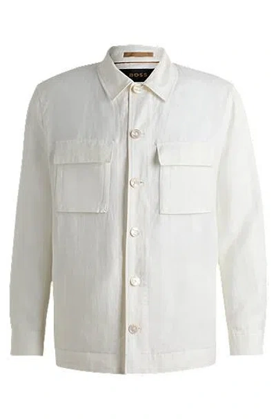Hugo Boss Button-up Jacket In Herringbone Linen And Silk In White