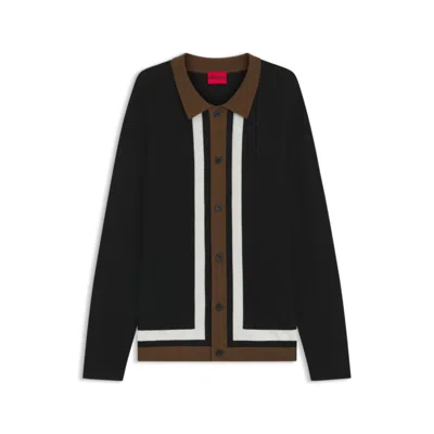 Hugo Boss Button-up Sweater With Contrast Stripes In Black