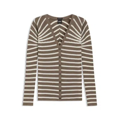 Hugo Boss Buttoned Cardigan In Striped Merino Wool In Brown