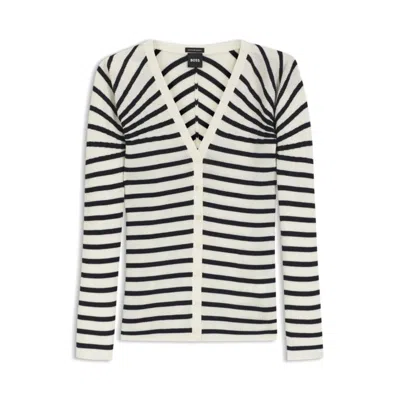 Hugo Boss Buttoned Cardigan In Striped Merino Wool In Multi