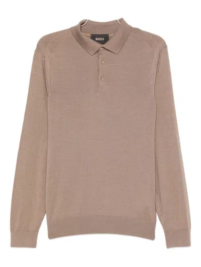 Hugo Boss Buttoned Long-sleeve Polo Shirt In Brown
