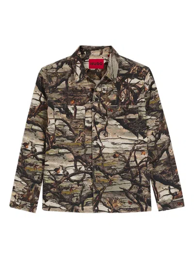 Hugo Boss Epoldo Long Sleeve Owl Print Button-front Shirt-jacket In Gray