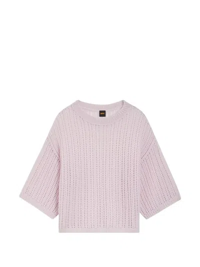 Hugo Boss Open-knit Round-neck Sweater In Purple