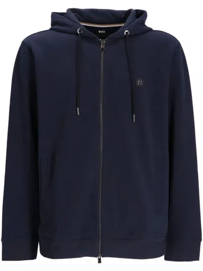Hugo Boss Zip-up Hoodie With Drawstring Hood In Blue