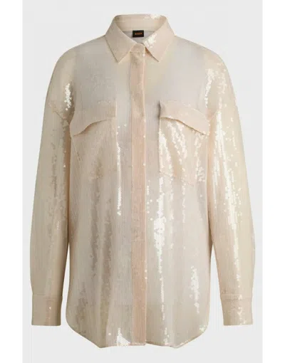 Hugo Boss Relaxed-fit Blouse With Sequins And Point Collar In Neutrals