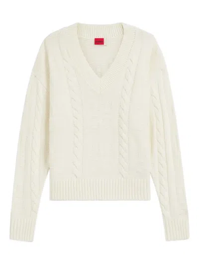 Hugo Boss Cable-knit V-neck Sweater In White