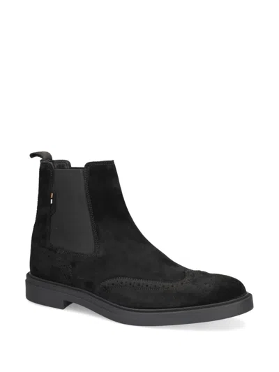 Hugo Boss Calev Men Suede Leather Boots Pull On Black Back Tab