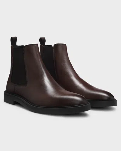 Hugo Boss Calev Mens Chelsea Boots In Polished Leather With Signature Stitching In Dark Brown 201
