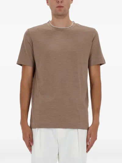 Hugo Boss Double-collar T-shirt In Cotton And Silk In Brown