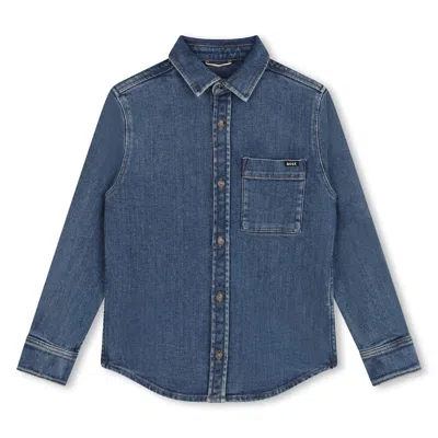 Hugo Boss Kids' Camicia Denim Con Applicazione In Brown