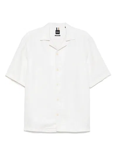 Hugo Boss Waffle Knit Camp Collar Short Sleeve Relaxed Fit Shirt In White