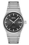 Hugo Boss Men Candor Auto Automatic Silver-tone Stainless Steel Watch 41mm In Black