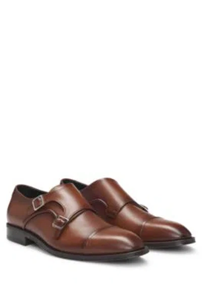 Hugo Boss Cap-toe Double Monk Shoes In Leather In Brown
