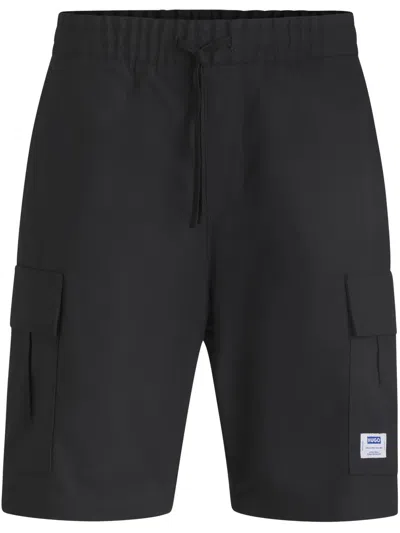 Hugo Boss Structured-cotton Shorts With Drawstring And Logo Patch In Black