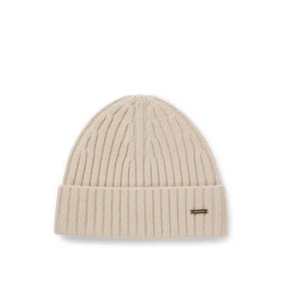 Hugo Boss Cashmere Beanie Hat With Ribbing In Brown
