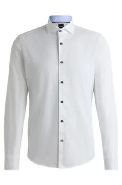 Hugo Boss Casual-fit Shirt In Structured Cotton With Spread Collar In White