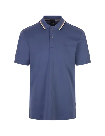 Hugo Boss Cerulean Blue Slim Fit Polo Shirt With Striped Collar