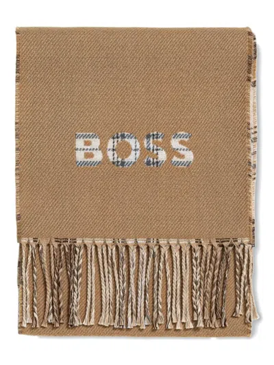 Hugo Boss Check-pattern Fringed Scarf In Brown