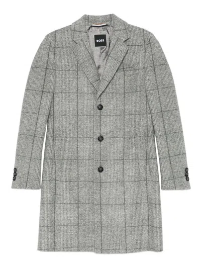 Hugo Boss Checked Buttoned Coat In Gray