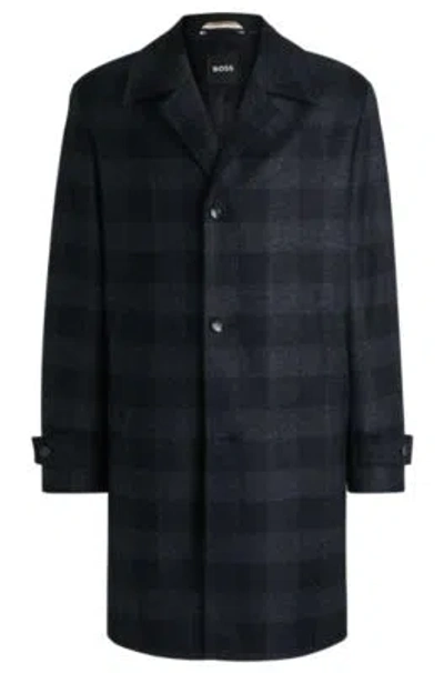 Hugo Boss Checked-jersey Coat In A Classic Fit In Dark Blue
