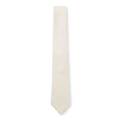 Hugo Boss Checked Tie In Italian-made Linen And Silk In Beige