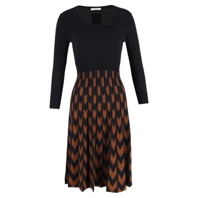 Hugo Boss Chevron Midi Dress In Brown And Black Wool