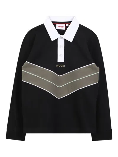Hugo Boss Kids' Chevron Panel Long-sleeve Polo Shirt In Black