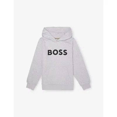 Hugo Boss Kids' Chine Grey Logo-print Long-sleeve Cotton-jersey Hoody 4-16 In Gray