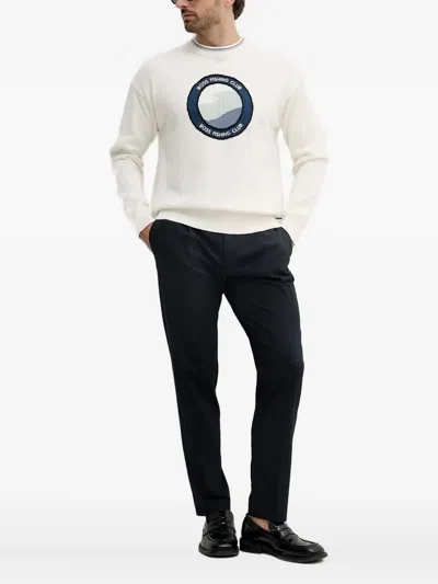 Hugo Boss Circular-emblem Crew-neck Sweater In White