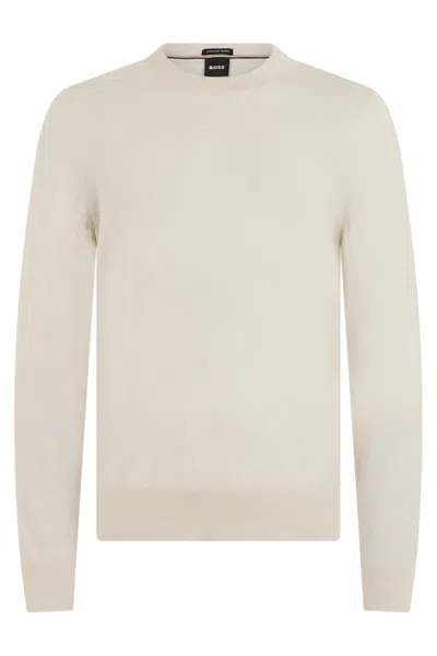 Hugo Boss Classic Virgin Wool Long-sleeve Sweater For Men In Gold