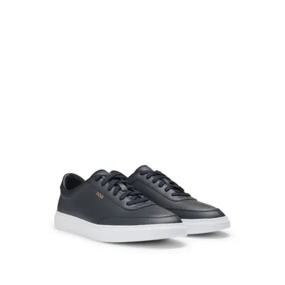 Hugo Boss Coated-leather Trainers With Gold-tone Logo In Blue