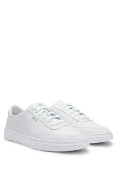 Hugo Boss Coated-leather Trainers With Gold-tone Logo In White