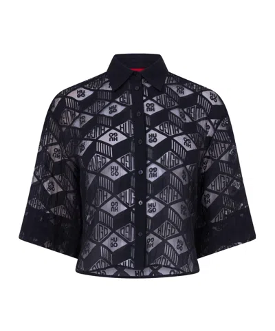 Hugo Boss Collared Cropped Midsleeve Shirt In Blue