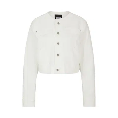 Hugo Boss Collarless Jacket In Italian Cotton Denim In White