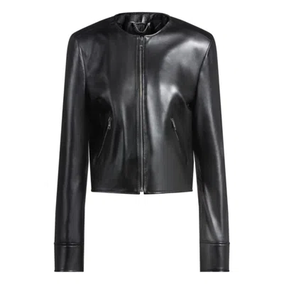 Hugo Boss Collarless Leather Jacket With Zip Closure In Black