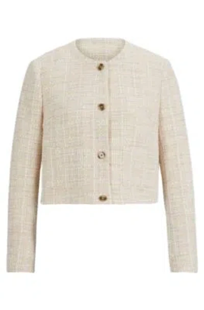 Hugo Boss Collarless Regular-fit Jacket In Melange Tweed In Patterned