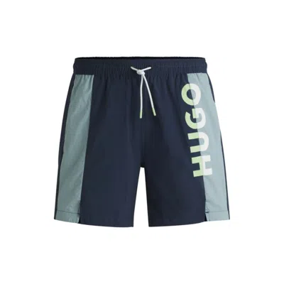 Hugo Boss Color-blocked Swim Shorts With Two-tone Logo In Blue