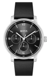 Hugo Boss Men's Contender Quartz Multifunction Black Leather Watch 44mm In Black