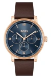 Hugo Boss Men's Contender Quartz Multifunction Brown Leather Watch 44mm In Blue