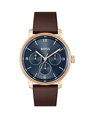 Hugo Boss Men's Contender Quartz Multifunction Brown Leather Watch 44mm