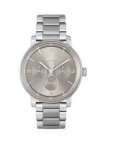 Hugo Boss Boss Men's Contender Quartz Multifunction Silver-tone Stainless Steel Watch 44mm In Grey/silver